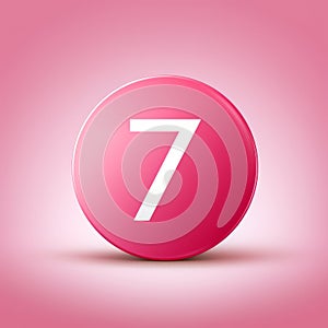 the number seven in a pink round button on a pink background
