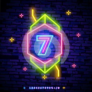 Number seven symbol neon sign vector. Seventh, Number seven template neon icon, light banner, neon signboard, nightly bright