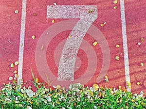 Number seven was painted with white color on sports ground.