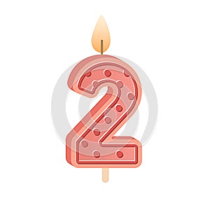 2 number-shaped birthday candle for second year anniversary. Two figure wax candlelight with flame for party cake for 2d