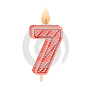 Number-shaped candle for age of 7 birthday. Wax decoration for 7th year anniversary. Bday cake decor with glowing flame