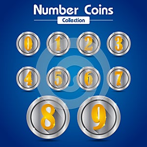Number silver coins collection and gold number