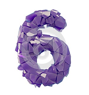 Number six 6 made of broken plastic purple color isolated white background