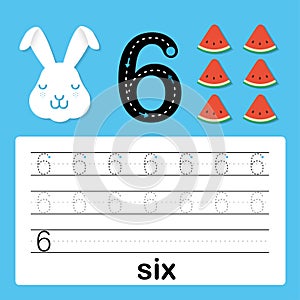 Number six, card for kids learning to count and to write, worksheet for kids to practice writing skill, Vector illustration