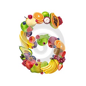 Number six made of different fruits and berries, fruit alphabet isolated on white background