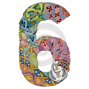 Number six Zentangle. Vector decorative object
