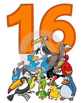 Number sixteen and cartoon birds group