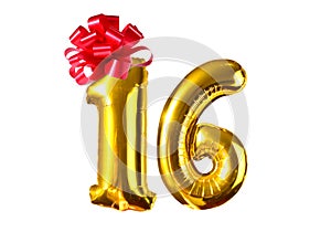 Number sixteen of golden helium balloons with red bow, on white background
