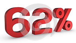 Number Sixty Two Percent 62% Red Sign 3D Rendering Isolated on White Background