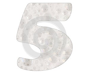 Number 5, soap foam background. Top view