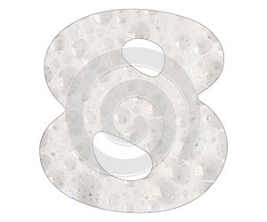 Number 8, soap foam background. Top view