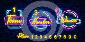 Number, Team, Place -Neon text Vector. Lottery neon sign, design template, modern trend design, night neon signboard, night bright