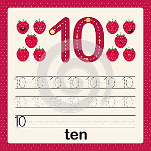 Number ten, card for kids learning to count and to write, worksheet for kids to practice writing skill, Vector illustration