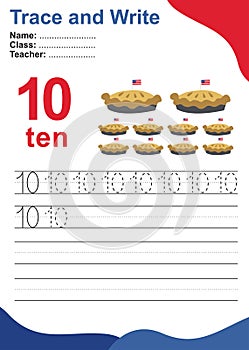 Number ten tracing practice worksheet with 10 pies for kids learning to count and to write with 4th July theme.