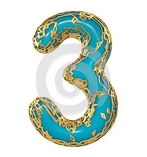 Number three 3 made of golden shining metallic with blue paint isolated on white 3d