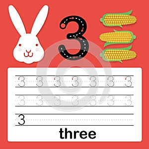 Number three, card for kids learning to count and to write, worksheet for kids to practice writing skill, Vector illustration