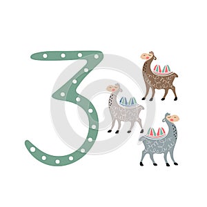 Number three and cute cartoon camels. Counting training.