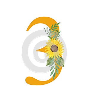 Number three decorated with sunflowers and leaves, floral monogram watercolor illustration in simple hand painted style