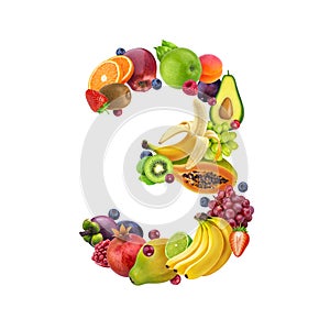 Number three made of different fruits and berries, fruit alphabet isolated on white background