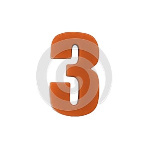 Number three made of red plastic with clipping path