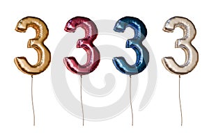 Number three shaped foil balloons in different colors. Isolated on white background. 3D rendered illustration