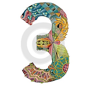 Number three Zentangle. Vector decorative object