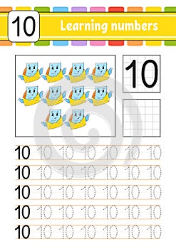 Number 10. Trace and write. Handwriting practice. Learning numbers for kids. Education developing worksheet. Activity page. Game photo