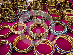 A number of traditional Indian bangles or armbands on a market in Jodhpur, Rajasthan, India