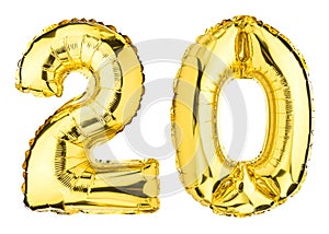 Number Twenty 20 balloons. Helium balloon. 20 years. Golden Yellow foil color. Party, Birthday greeting card, Sale, Advertising, A