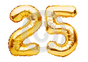 Número 25 veinte cinco hecho de dorado inflable en blanco. helio bebé frustrar números. fiesta decoraciones 