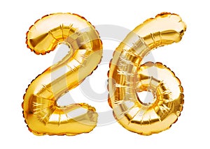 Number 26 twenty six made of golden inflatable balloons isolated on white. Helium balloons, gold foil numbers. Party decoration,