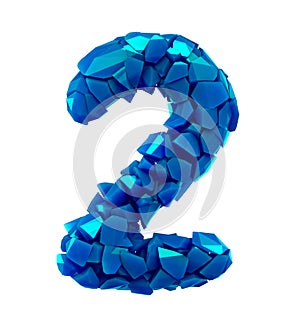 Number two 2 made of broken plastic blue color isolated white background