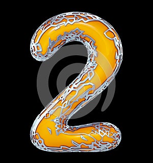 Number two 2 made of golden shining metallic with yellow paint isolated on black 3d