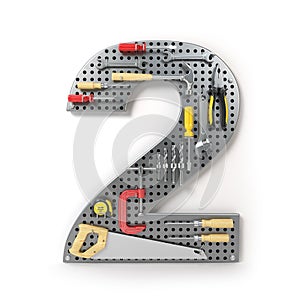 Number 2 two. Alphabet from the tools on the metal pegboard isolated on white.