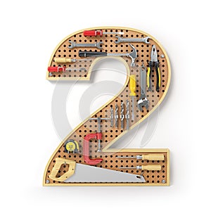 Number 2 two. Alphabet from the tools on the metal pegboard isolated on white.