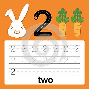 Number two, card for kids learning to count and to write, worksheet for kids to practice writing skill, Vector illustration