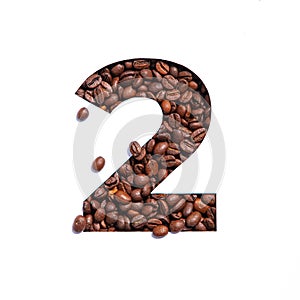 Number two made of coffee beans and paper cut in shape of second numeral isolated on white. Typeface for coffee store