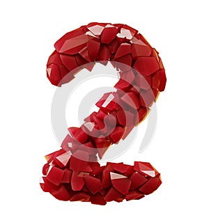 Number 2 two made of plastic shards red color isolated on white background. 3d photo