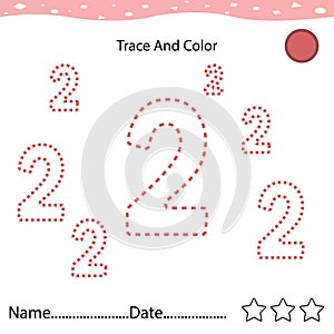 Number two tracing practice worksheet for kids learning to count and to write. Worksheet for learning numbers. Number 2.