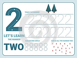 Number two tracing practice worksheet. Training write and count numbers. Coloring exercises