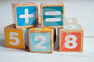 Number wood block cubes for learning Mathematic, education math concept