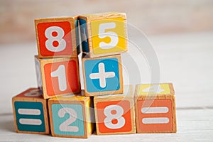 Number wood block cubes for learning Mathematic, education math concept