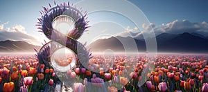 Number 8 wreath made colorful flowers on blooming meadow in sunrise soft light. Conceptual