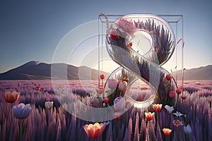 Number 8 wreath made colorful flowers on blooming meadow in sunrise soft light. Conceptual