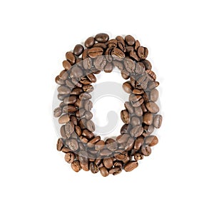 The number zero from roasted coffee beans.White background.
