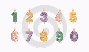 Numbered birthday candles set for 1, 2, 3, 4, 5, 6, 7, 8, 9 ages and year anniversaries celebration. Decorative wax