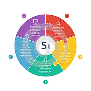 Numbered flat rainbow spectrum colored puzzle presentation infographic chart with explanatory text field isolated on white