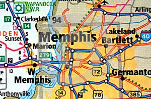 Numbered streets on the map around the city of Memphis, USA, March 12, 2019