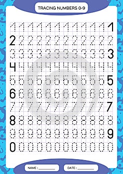 Numbers 0-9. Tracing Worksheet for kids. Preschool worksheet, practicing motor skills - tracing dashed lines. A4 purple