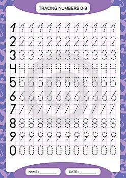 Numbers 0-9. Tracing Worksheet for kids. Preschool worksheet, practicing motor skills - tracing dashed lines. A4 purple